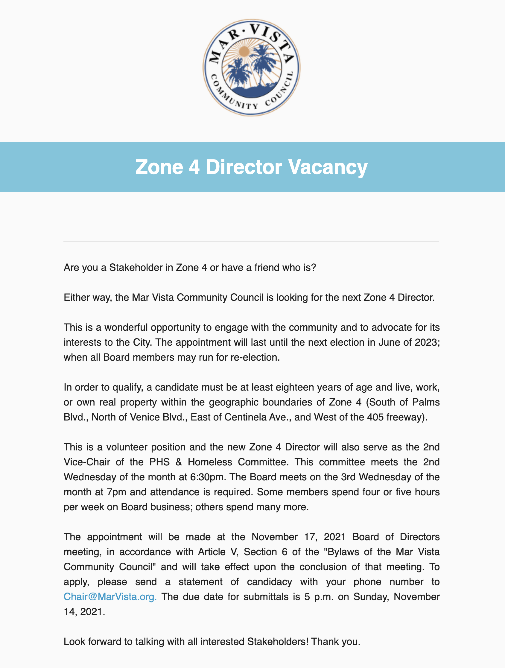 Zone 4 Director Vacancy